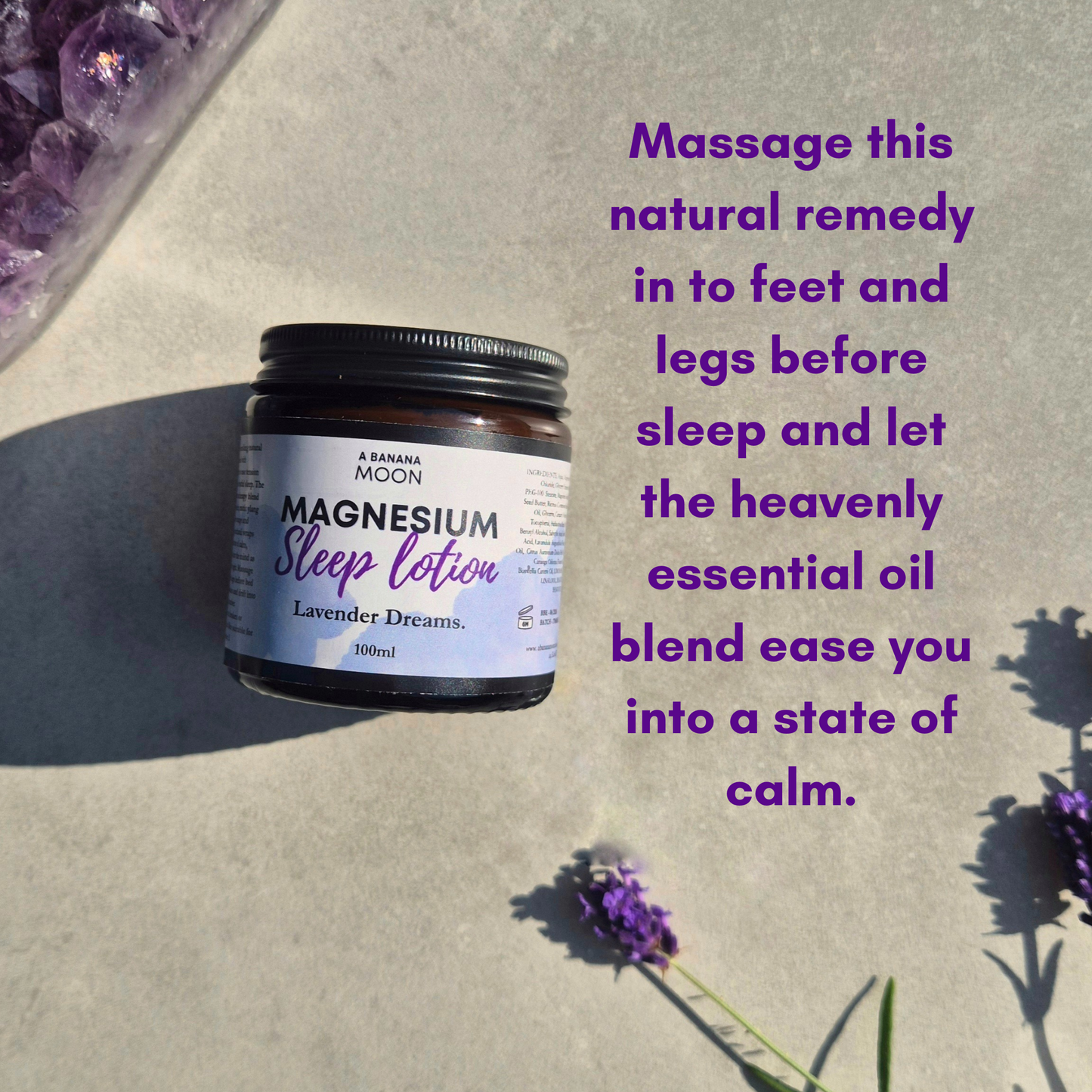 Magnesium Sleep Lotion styled with lavender sprigs for bedtime ritual