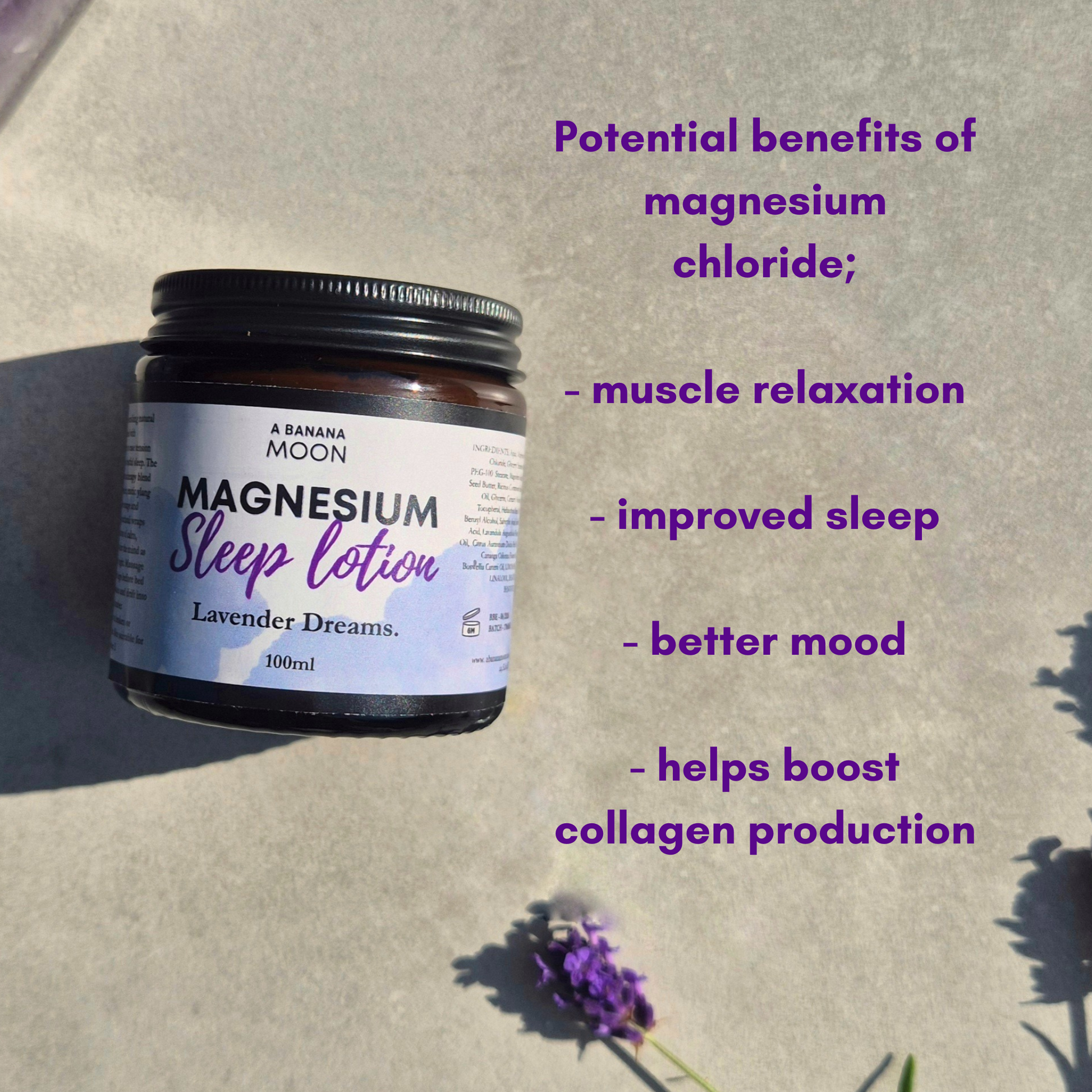Jar of magnesium sleep lotion with lavender on a textured surface